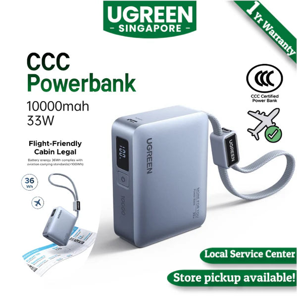 【3C Certified】UGREEN 33W 10000mAh Power Bank SmartDisplay Xiaomi 33W 3 Ports Output LED Built in Cable Flight-Friendly
