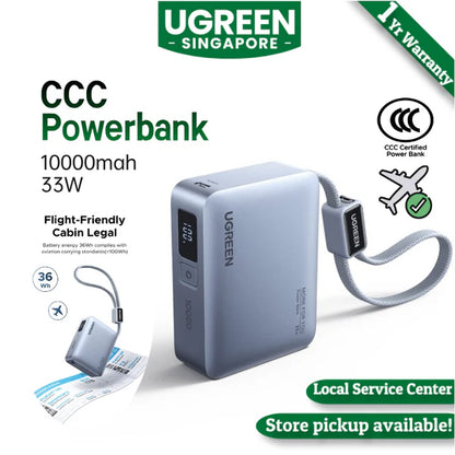 【3C Certified】UGREEN 33W 10000mAh Power Bank SmartDisplay Xiaomi 33W 3 Ports Output LED Built in Cable Flight-Friendly