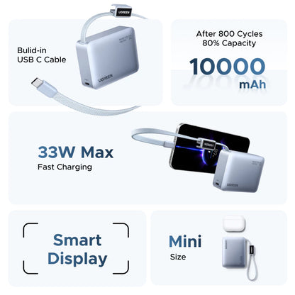 【3C Certified】UGREEN 33W 10000mAh Power Bank SmartDisplay Xiaomi 33W 3 Ports Output LED Built in Cable Flight-Friendly