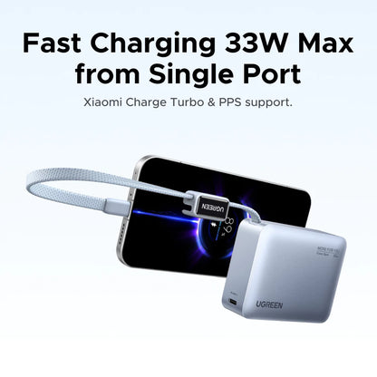 【3C Certified】UGREEN 33W 10000mAh Power Bank SmartDisplay Xiaomi 33W 3 Ports Output LED Built in Cable Flight-Friendly