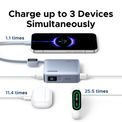 【3C Certified】UGREEN 33W 10000mAh Power Bank SmartDisplay Xiaomi 33W 3 Ports Output LED Built in Cable Flight-Friendly