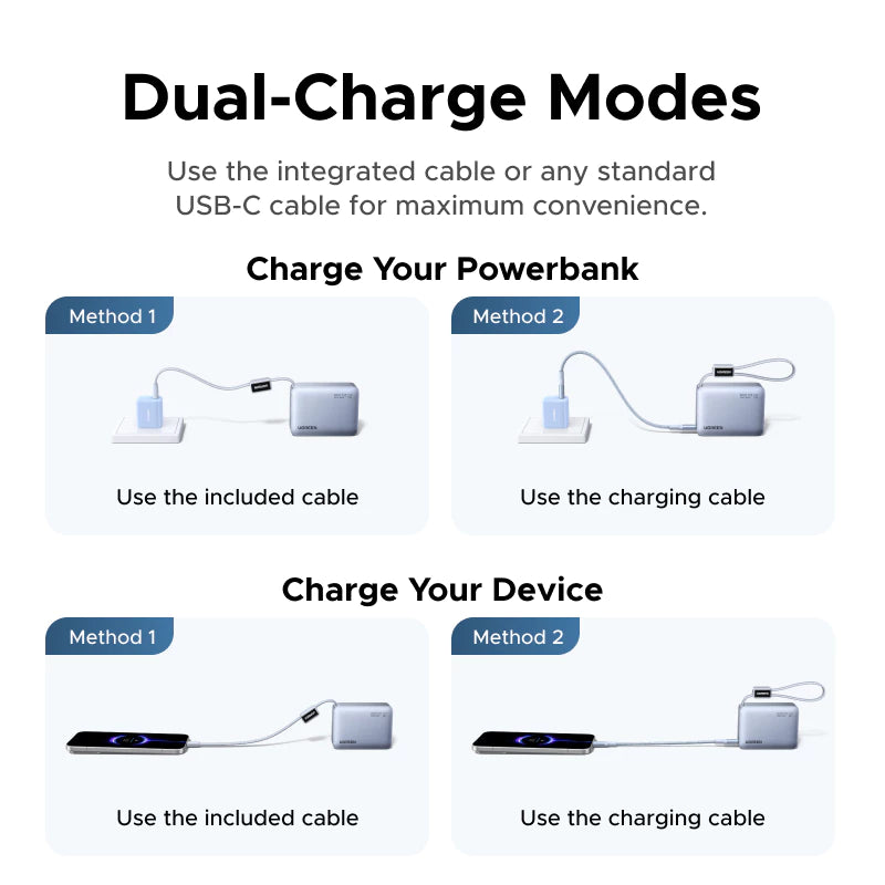 【3C Certified】UGREEN 33W 10000mAh Power Bank SmartDisplay Xiaomi 33W 3 Ports Output LED Built in Cable Flight-Friendly