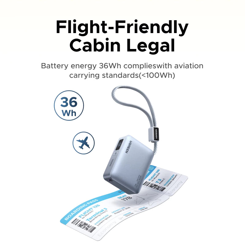 【3C Certified】UGREEN 33W 10000mAh Power Bank SmartDisplay Xiaomi 33W 3 Ports Output LED Built in Cable Flight-Friendly